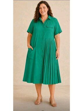 Asymmetric Pleated Shirt Dress Pockets Casual Work Church Size L Kelly Green